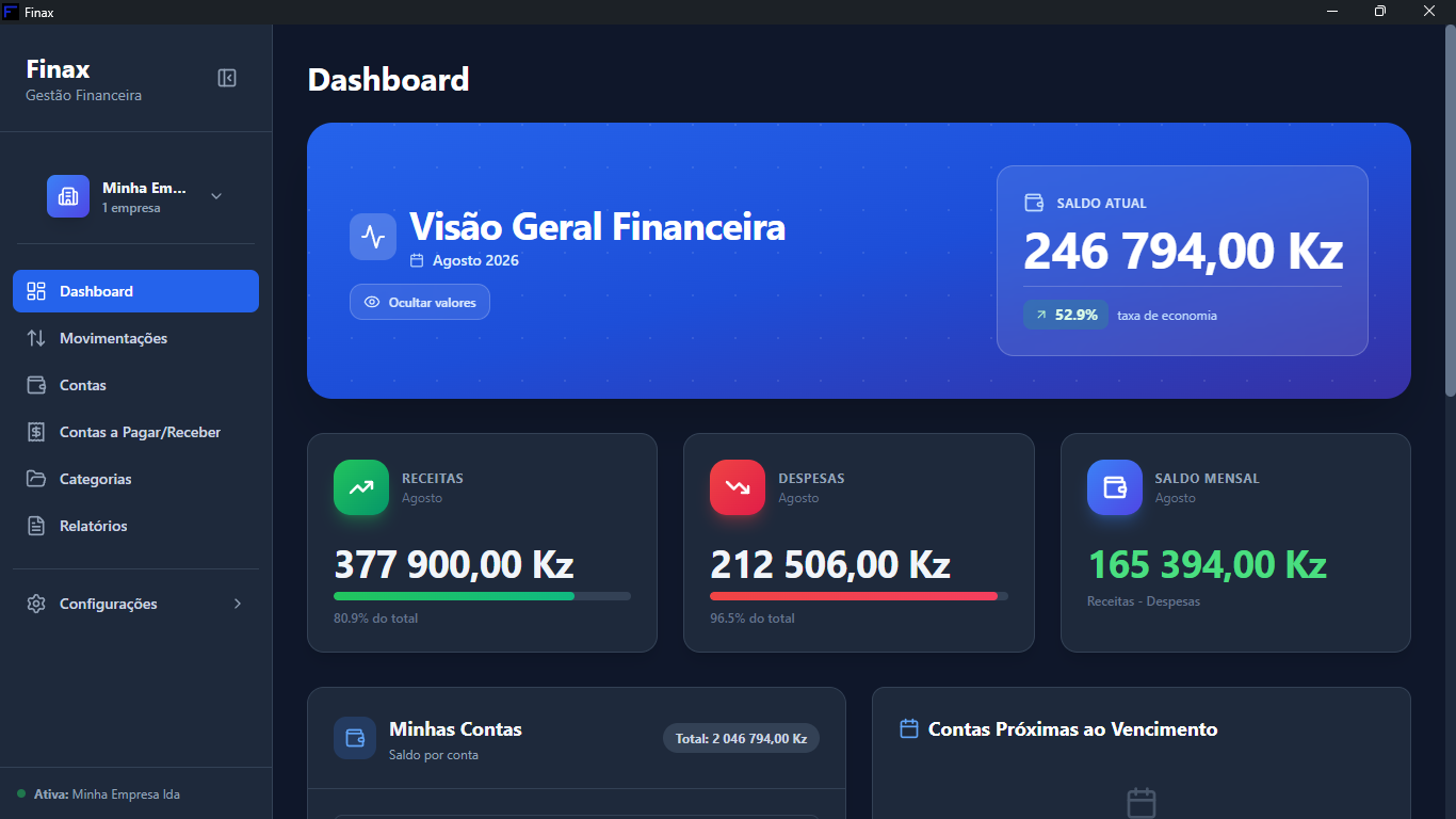 Ecrã Dashboard do Finax