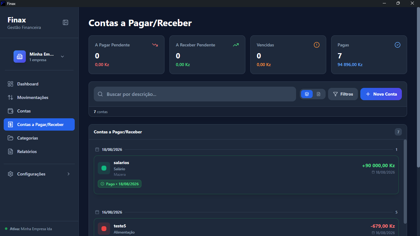 Ecrã Contas a Pagar e Receber do Finax
